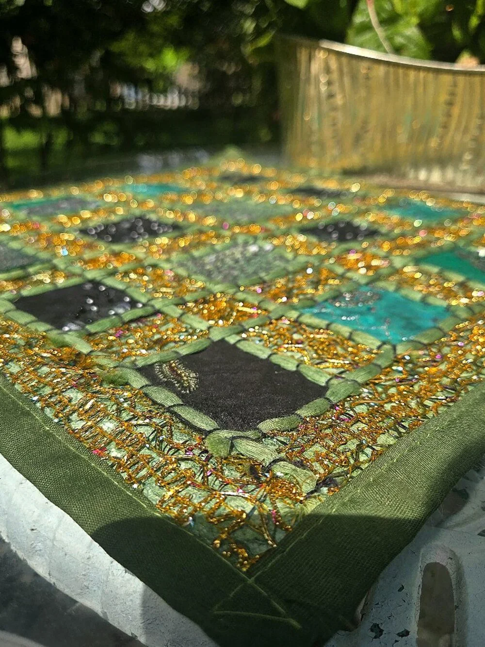 Vintage Pier 1 Imports Beaded Patchwork Placemat – Green & Gold Boho Table Decor